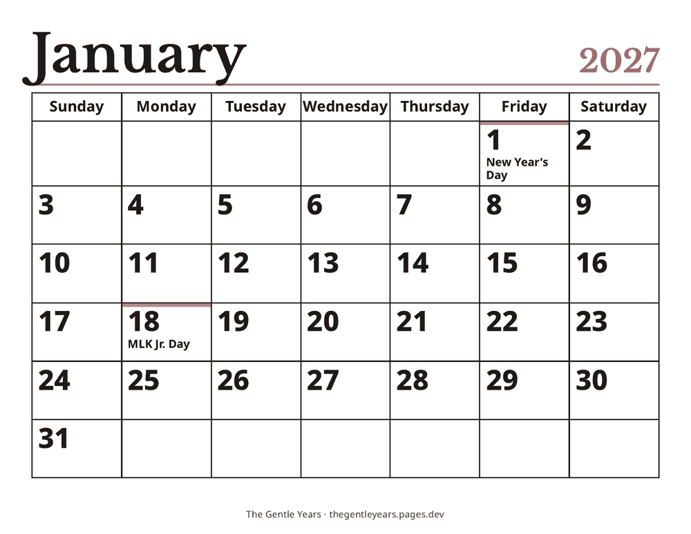Preview of the January 2027 page: a large month name and a Sunday-to-Saturday grid with big bold day numbers. New Year's Day and MLK Jr. Day are labeled.